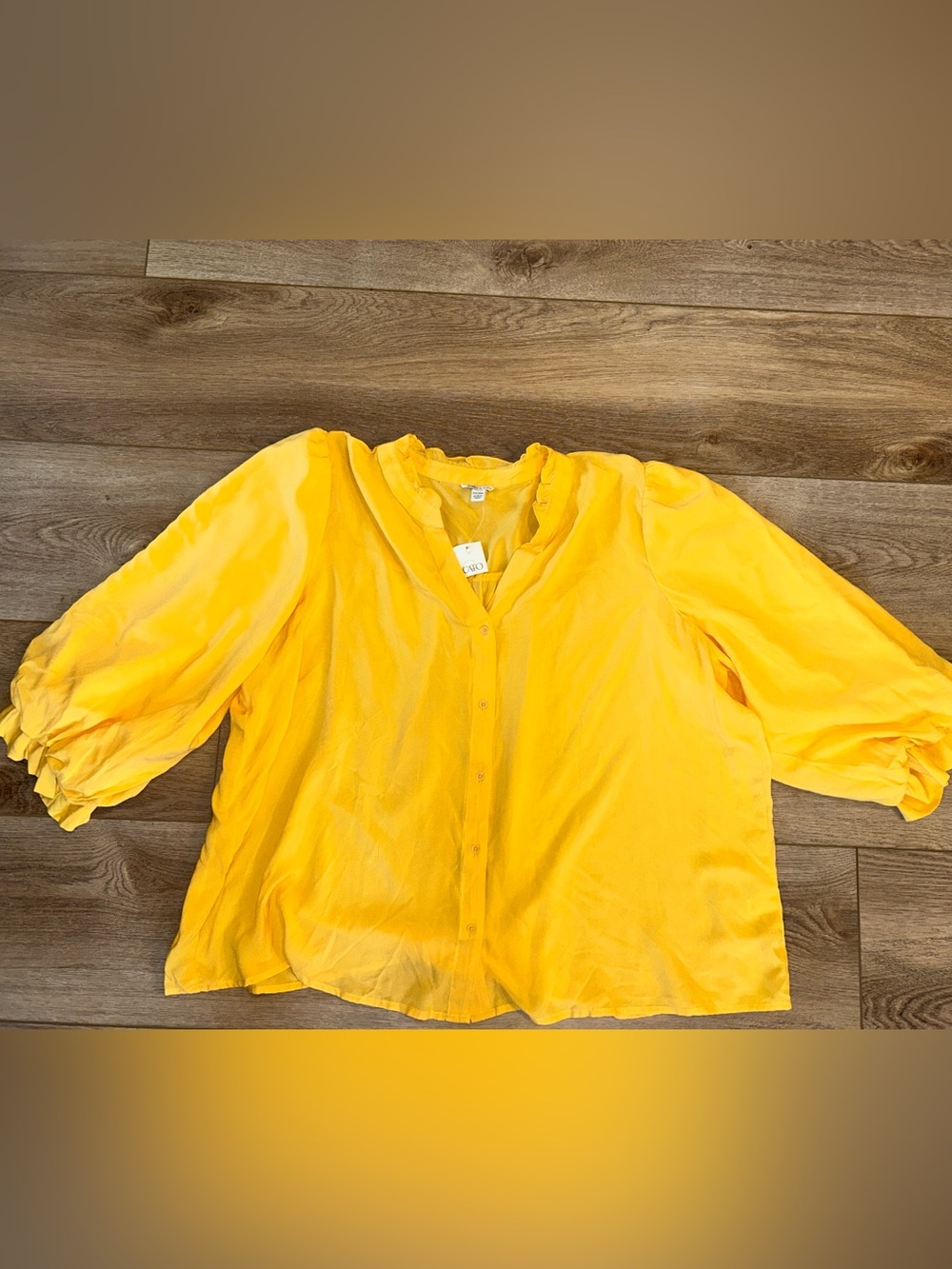 Cato Bright Tangerine Yellow Button-Front Chiffon Blouse puff sleeve